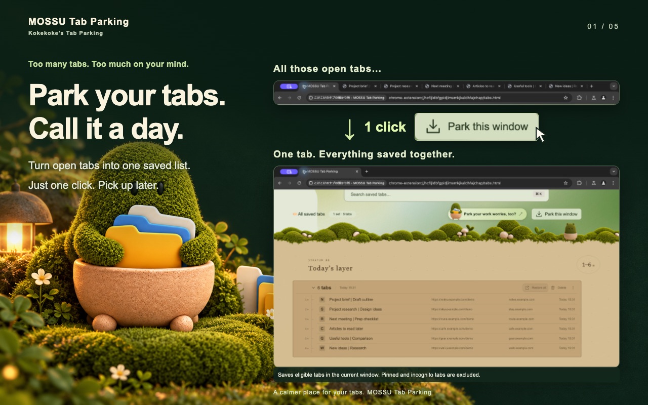 MOSSU Tab Parking saving the current Chrome window: several open tabs become one saved list after Park this window