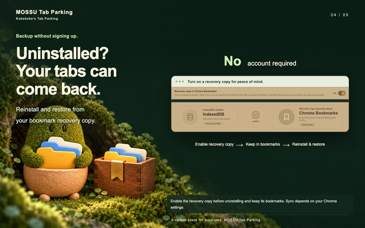 Settings screen showing IndexedDB as the main store and an optional Chrome Bookmarks recovery copy, with no account required